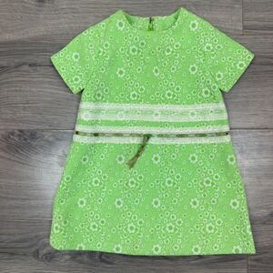 Vintage Handmade Girls 3T Green Floral Lace Shift Dress Short Sleeve Retro 70s